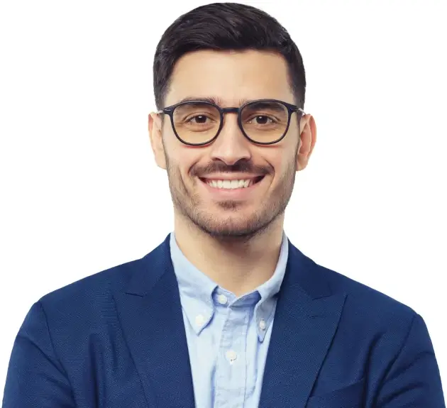 A smiling man in a blue suit with glasses